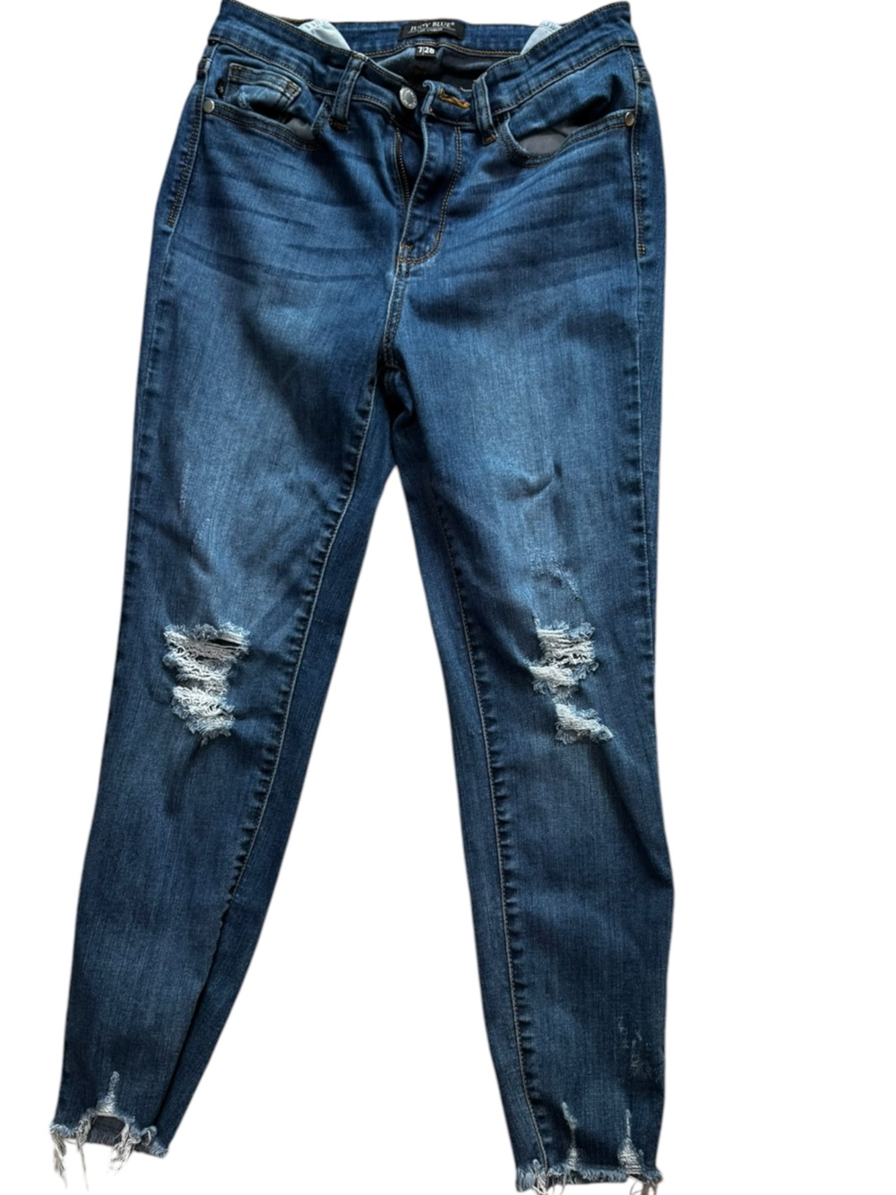 Judy Blue Distressed Skinny Jeans Size 7/28 Medium Wash Raw Hem Stretch Denim